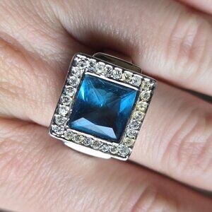 Blue Square Stone Ring Statement Cocktail Elegant Party Glam Signed Sz 9.5